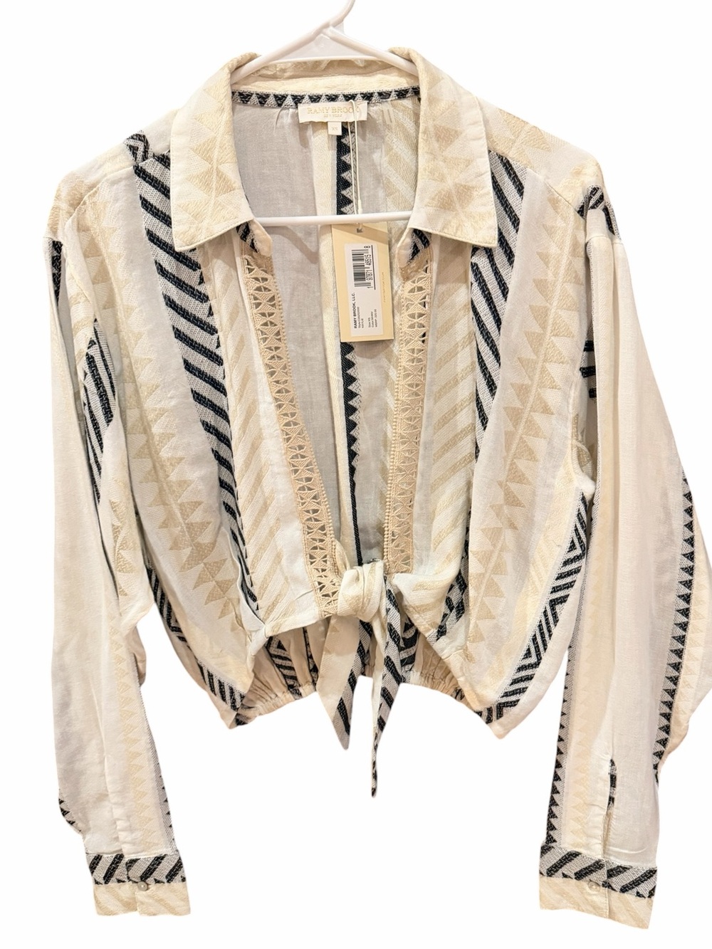 RAMY BROOK- Embroidered stitched tie front long sleeve crop top. NWT!! 🤎🤍🖤
